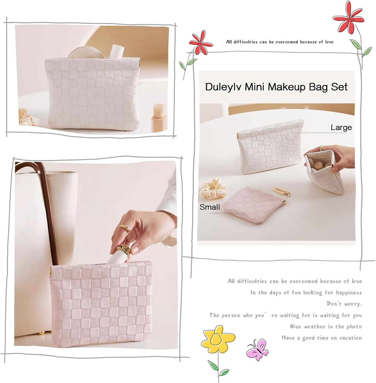 2 PCS Small Makeup Bag for Purse Waterproof Mini Cosmetic Bag for Coin Lipstick Jewelry Portable Mini Makeup Bag Set for Women Small Cosmetic Pouch Makeup Organizer Pink