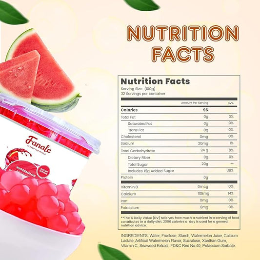 Fanale Watermelon Popping Boba Pearls, Vegan, Non GMO, Gluten Free, Fat Free, Perfect for Bubble Tea, Smoothies, Ice Cream, Desserts, and Beverages.