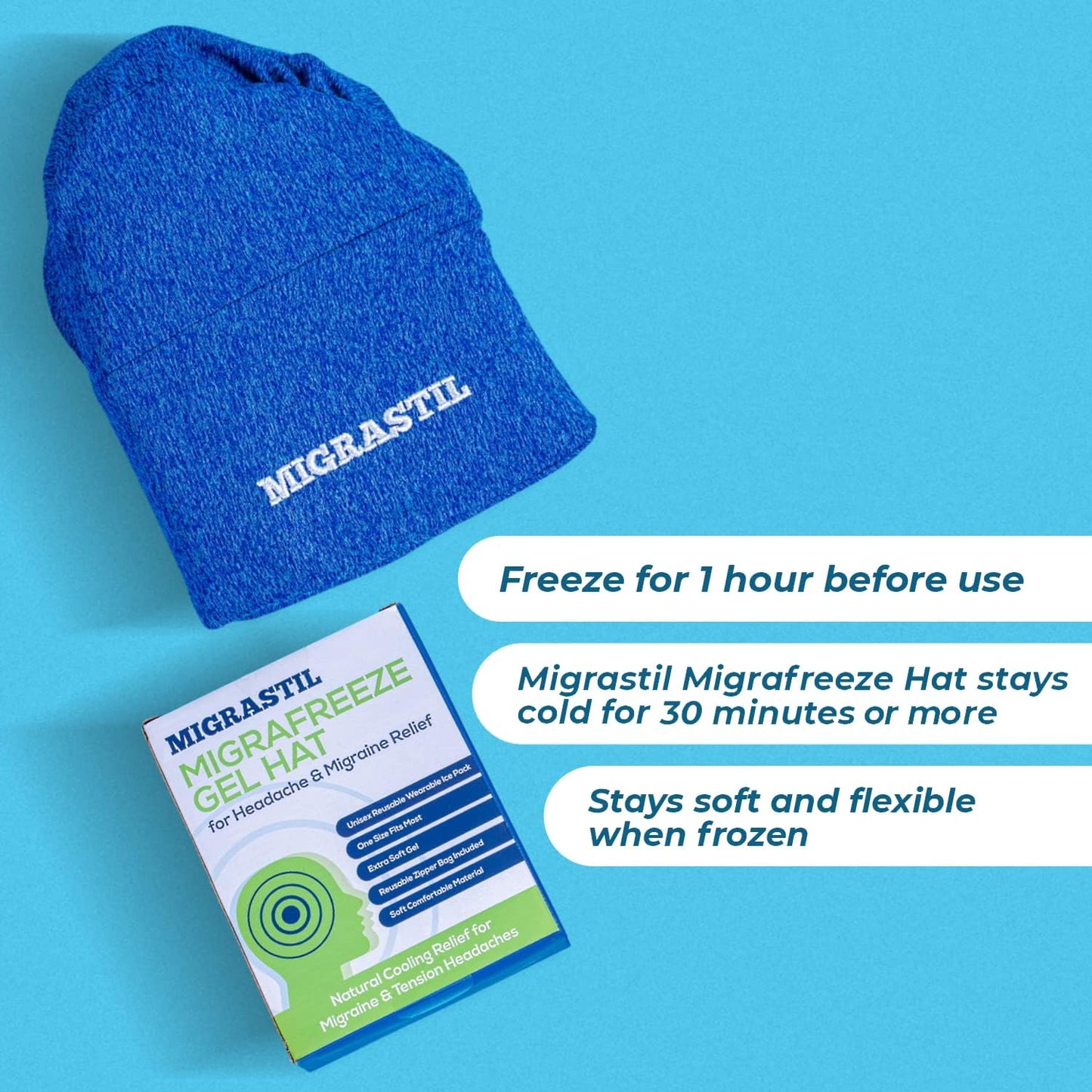 Migrastil MigraFreeze Deluxe Headache & Migraine Hat. Soft, Flexible Cooling Gel Cap for Men & Women. Form Fitting Ice Pack and Head Wrap with Zippered Storage Bag. Comfortable, No-Pain Design.