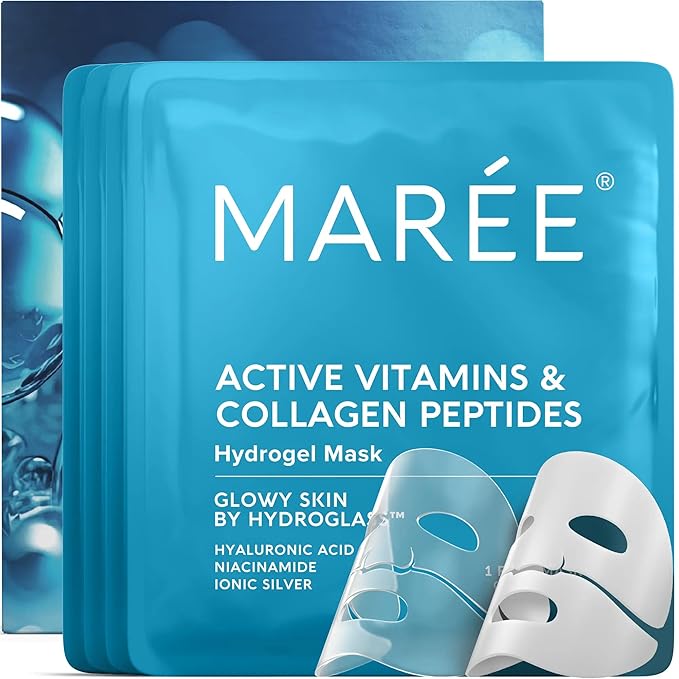 MAREE Collagen Facial Mask with Hyaluronic Acid - Hydrating Face Masks Skincare - Mascarillas Faciales For Women Skin Care - White, 4 Count