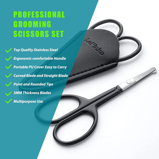 Facial Hair Small Grooming Scissors For Men Women - Eyebrow, Nose Hair, Mustache, Beard, Eyelashes, Ear Trimming Kit - Curved and Rounded Safety Tip Clippers For Hair Cutting 2PCS With Cover Black