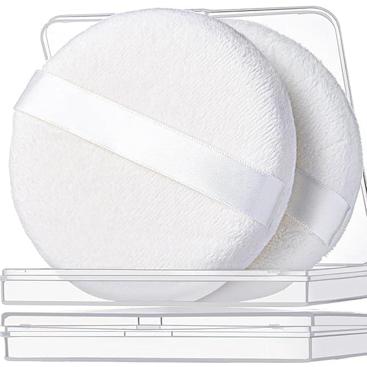 Teenitor 2pcs Powder Puff, 4.13 Inch Powder Puff for Body Powder, Body Powder Puff Large Powder Puff Loose Powder Puffs Soft Velour Body Powder Puff and Container White
