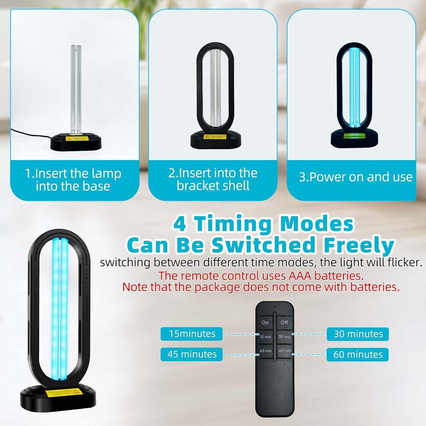 UV Light Sanitizer,4-Speed Timing and Remote Control UVC Home Disinfection Device,Portable Ultraviolet Light Sanitizer for Bed Bugs and Dust Mites,UV Lamp for Whole Room,Black