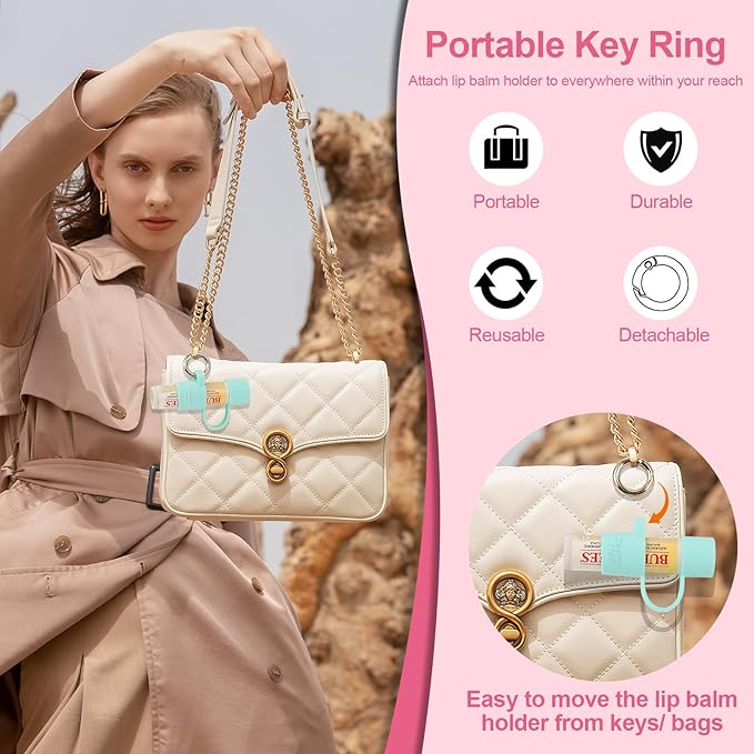 Desing Wish Silicone Lip Balm Holder with Cap Cover Portable Chapstick Holder Keychain Sleeve Lip Balm Key Chain with Key Ring and Wrist Strap Lanyard - Rose