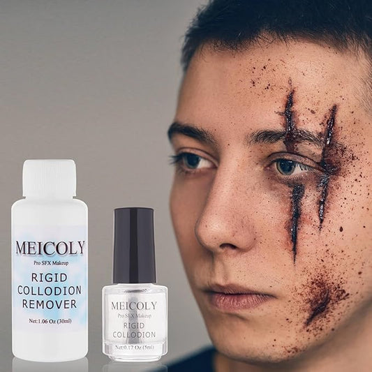 MEICOLY Rigid Collodion and Remover Kit,Scarring Liquid with Brush,Professional Scar Makeup for Halloween SFX Cosplay,Liquid Scar Fake Scar Makeup for Theater Stage Performance,Collodion Scar Liquid