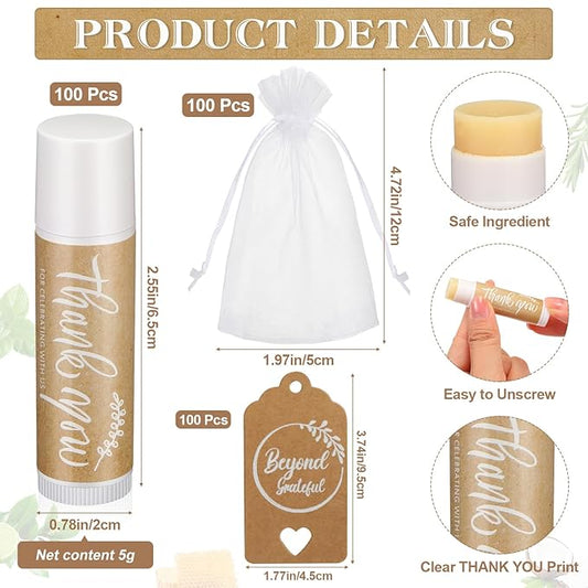 100 Set Thank You Lip Balm Bulk Small Natural Moisturizing Mini Lip Balm with Organza Bag and Card for Baby Wedding Bridal Shower Thank You Favors Bridesmaid Gifts Women Guests