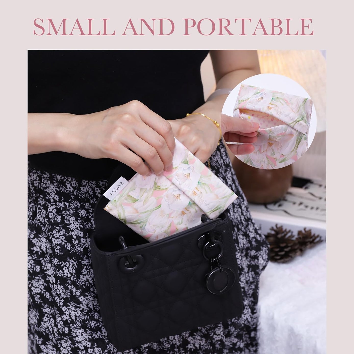 DGAZ Sanitary Napkin Storage Bag, Period Bag for Teen Aged Girls, Portable Period Bag for Panty Liners/Menstrual Cup/Small Tampons，Mini Makeup Bag for Purse(French Tulips)