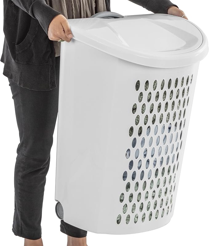 (2 Pack) Ultra Wheeled Hamper - White Plastic Laundry Hamper with Retractable Handle & Smooth Wheels, 2 Bushel Capacity for Dorms/Apartments/Family