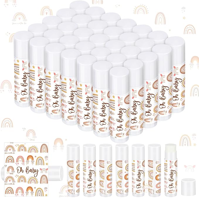 Dunzy 50 Pcs Thank You Gift Lip Balm Bulk Baby Shower Party Favors Bridal Shower Favor Lip Care with Assorted Fruit Flavors Thank You Lipstick for Guest Basket Gift Stuffer (Boho)