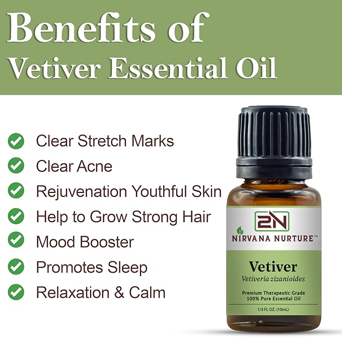 Vetiver Essential Oil 100% Pure Premium Therapeutic Grade, Undiluted - Aromatherapy Diffuser for Calm and Relaxation, Skin Care, Hair Care