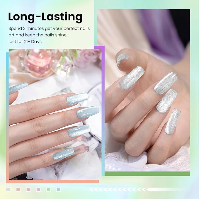 RARJSM Sparkle Diamond Cat Eye Gel Nail Polish Set 6 Colors Nude Pink Milky Jelly Purple Green Blue Silver Glitter Cateye Gel Polish with Magnet Stick UV LED Curing Requires Soak Off Home Salon Diy