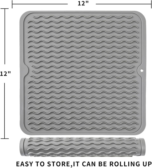 Silicone Dish Drying Mat for Multiple Usage,Easy clean,Eco-friendly,Heat-resistant Silicone Mat for Kitchen Counter or Sink,Refrigerator or Drawer liner Grey M 12 inches x 12 inches