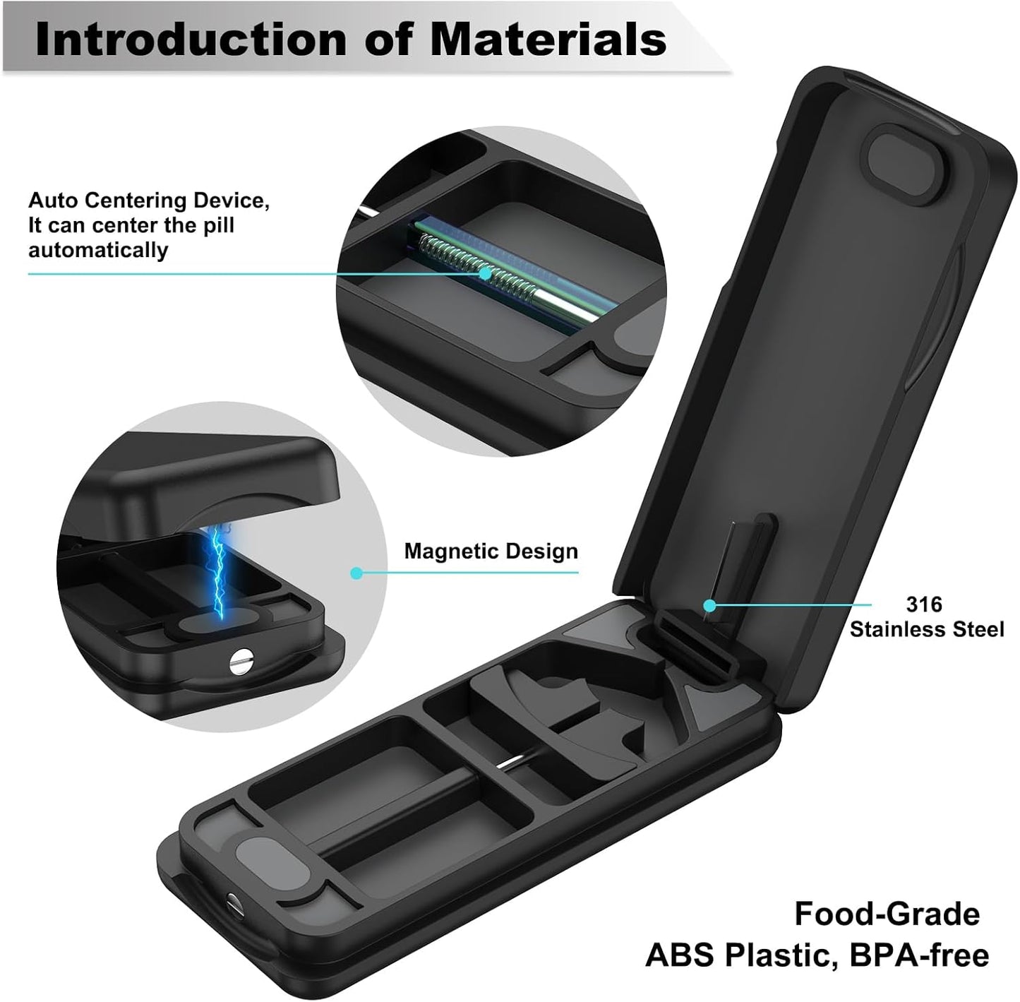 Pill Cutter with Auto Centering Device, Aluminum Pill Splitter with 316L Stainless Blade, Genuine Leather Case, Professional Pill Splitter for Cutting (Plastic,Black)