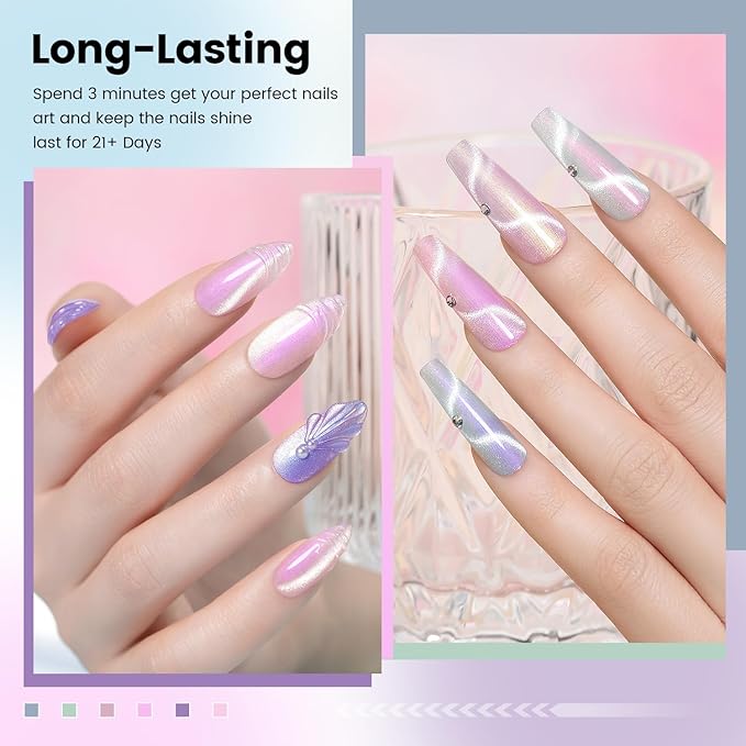 RARJSM Sparkle Diamond Pearl Cat Eye Gel Nail Polish Set 6pcs Velvet Silver Shimmer Pink Green Blue Purple White Glitter Mermaid Swirl Shell Thread Effect with Magnet Stick UV LED Curing Requires