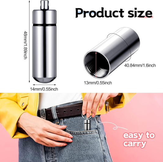Patelai 12 Pcs Portable Keychain Pill Holder Mini Pocket Pill Case for Men Women Aluminum Geocache Containers Waterproof Metal Medicine Bottle Organizer for Outdoor Camping Travel(Black and Silver)