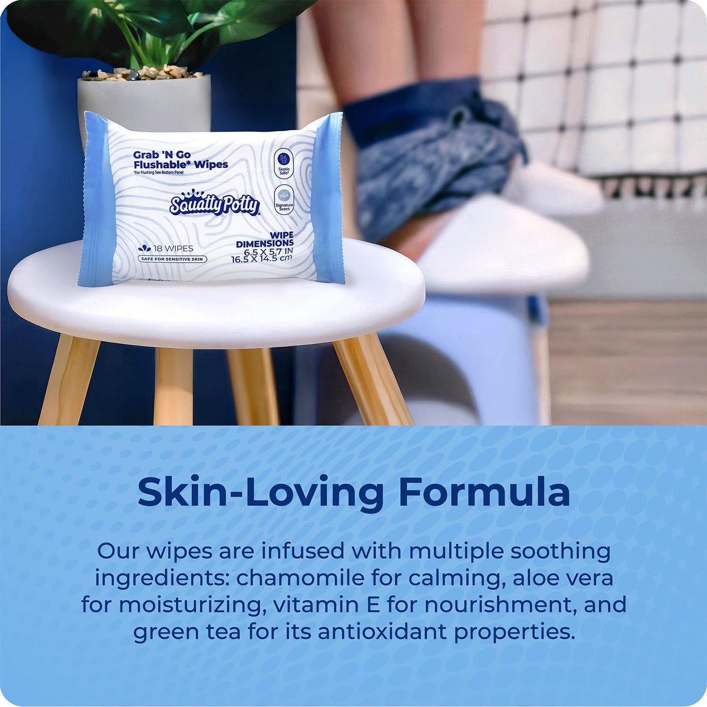 Squatty Potty Flushable Wipes for Travel or On the Go - 3 Pack (54 Total Wipes) - 99% Water & Plant-Based - Green Tea, Cucumber & Aloe Spa Scent - pH Balanced - Septic Safe Adult Wet Wipes