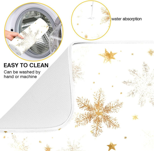 Winter Snowflake White Dish Drying Mat for Kitchen Countertop 16x18 Christmas Snow Golden Xmas Small Drying Mat Reusable Quick Dry Dish Sink Mats Easy Clean Decorative Essentials
