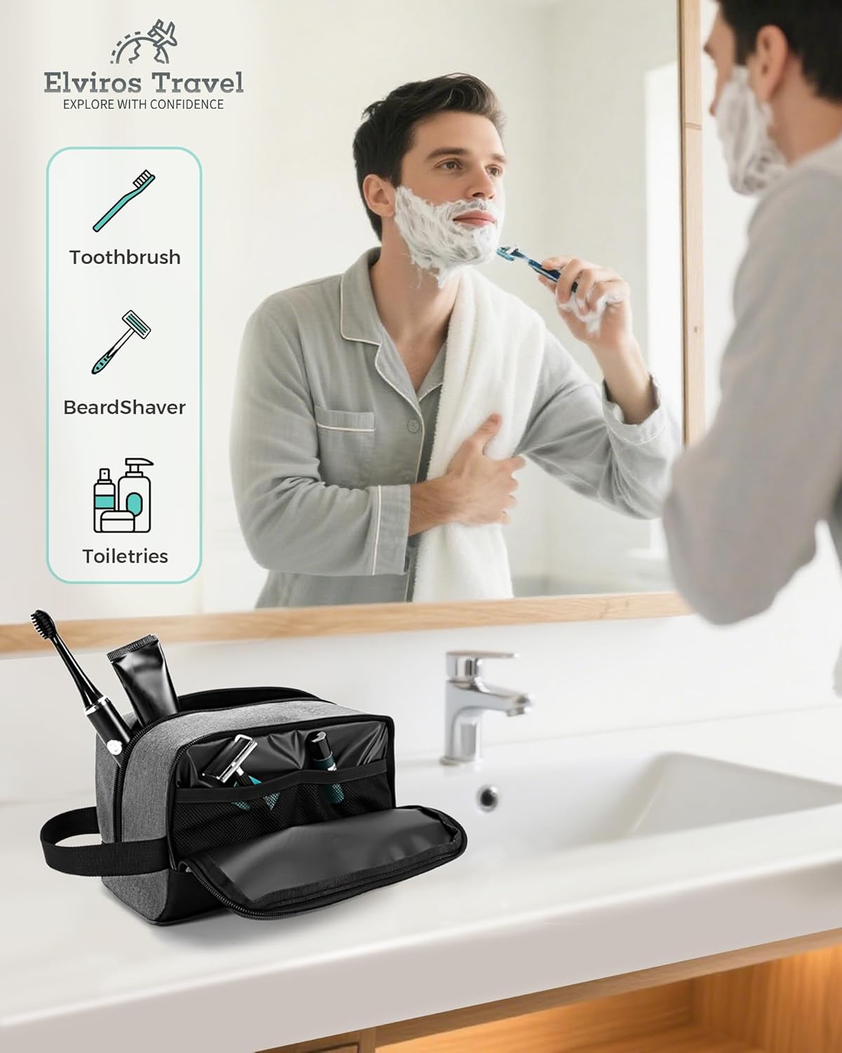 Elviros Travel Toiletry Bag for Men Hanging Dopp Kit Shaving Bag Toiletries Organizer Small Toiletry Bag for Traveling (Denim Grey)