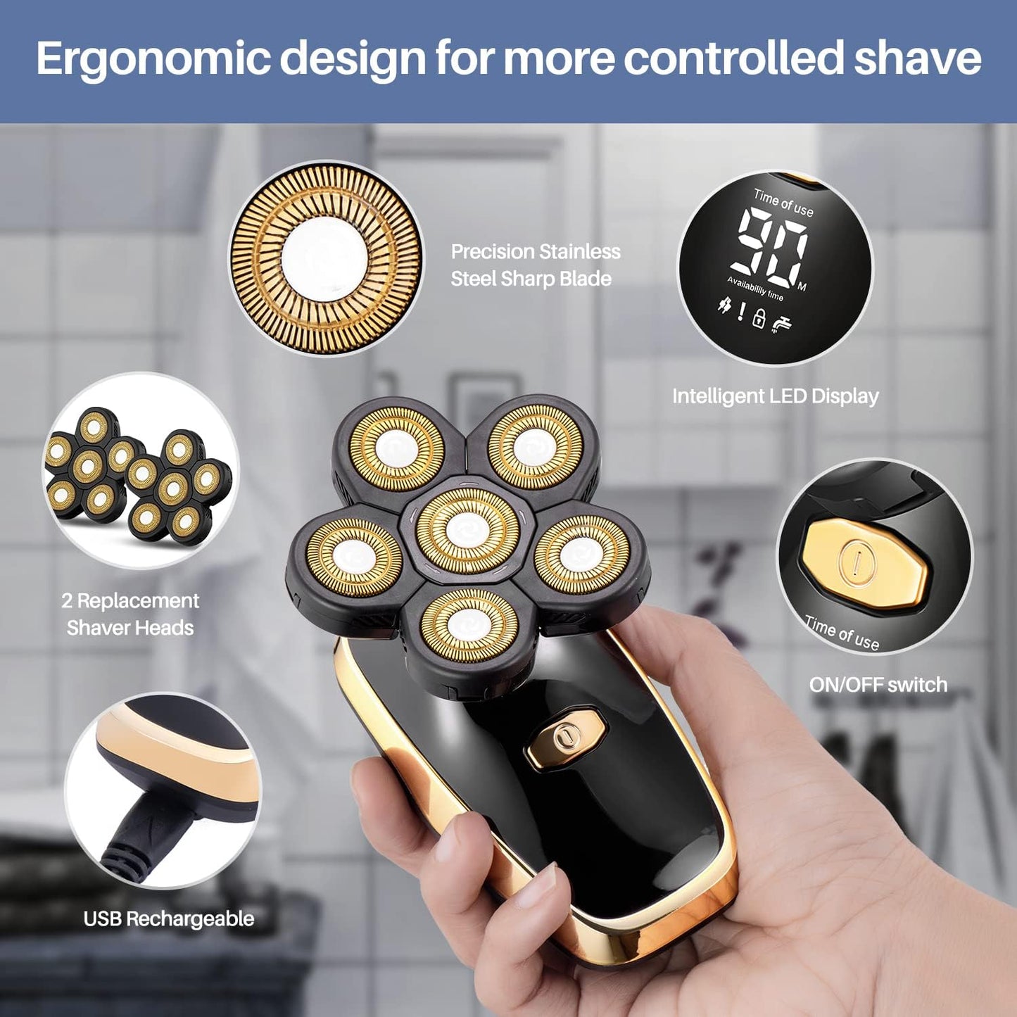 Head Shavers for Bald Men Rotary Electric Razor Cordless Electric Shaver Rechargeable Head Shaver Waterproof Mens Head Razor Multifunctional Shaving Grooming Kit for Balder