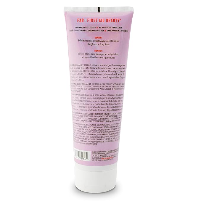 First Aid Beauty KP Bump Eraser Body Scrub Exfoliant for Keratosis Pilaris with 10% AHA – 8 oz + Bonus 1 oz Travel Size Tube