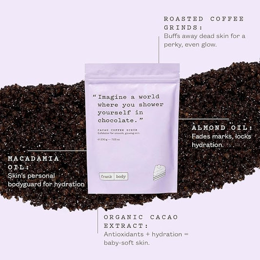 Frank Body Cacao Coffee Scrub | Natural, Vegan, Cruelty Free Exfoliating Body Scrub Smooths, Hydrates, and Nourishes Skin with Cacao Extract, Macadamia Oil, and Vitamins A, E, and D | 7.05 oz / 200 g