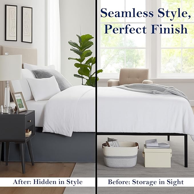 Twin Bed Skirt, Luxury 14 Inch Drop Dark Grey Pleated Bed Skirt, Double Brushed Microfiber, Box Pleat Design, Wrinkle & Fade Resistant, Easy Fit Tailored Bedskirt for Twin Size Beds