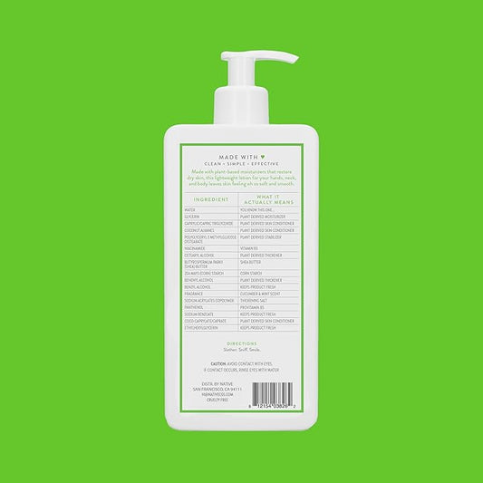 Native Body Lotion Contains Naturally Derived Plant-Based Moisturizers for Women and Men | Restores Dry Skin, Cucumber & Mint, 16.5 fl oz