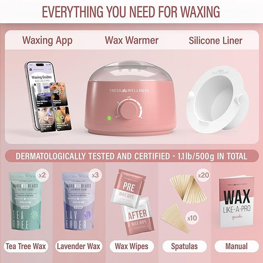 Tress Wellness Waxing Kit for Sensitive Skin – Safe for Face & Skin, Prep & Aftercare Spray, Easy to Use – At-Home Kit for Face, Bikini, Brazilian & Full Body - Pink, No Display