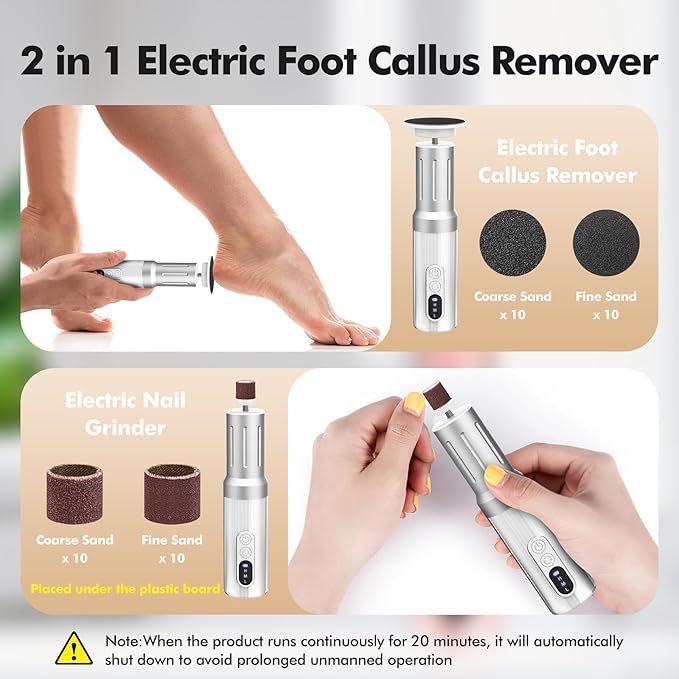 Electric Foot Callus Remover Cordless Electric Foot Filer Kit with 6Speeds Chagring Dock Callus Remover for Women Men Feet and Nail (White)