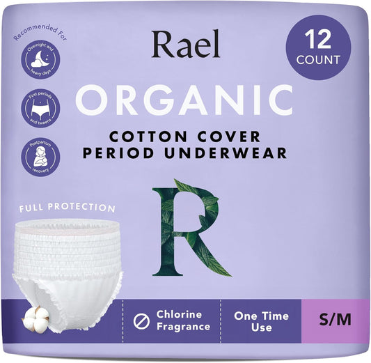 Rael Disposable Underwear for Women, Organic Cotton Cover - Incontinence Pads, Postpartum Essentials, Disposable Underwear, Unscented, Maximum Coverage (Size S-M, 12 Count)