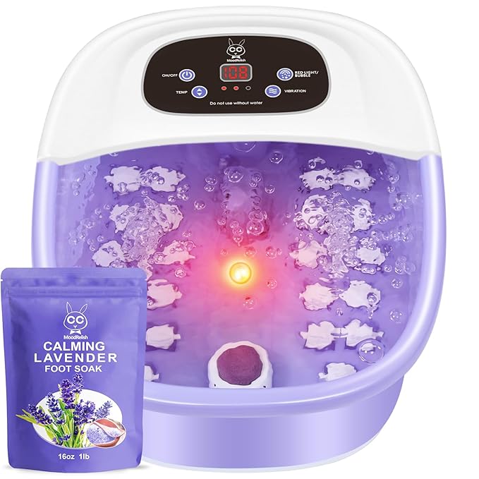 Foot Spa Bath Massager with Heat Bubbles and Vibration Massage and Jets, 16 OZ Calming Lavender Foot Soak Epsom Salt, MoodRelish Foot Soaker With Red Light, 22 Massage Rollers, Adjustable Temp -Purple