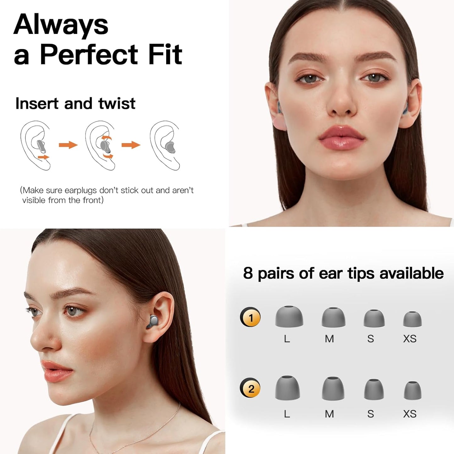 Ear plugs for Sleeping 45dB Noise Cancelling Ear plugs for Concerts, Focus, Travel, Work Silicone Hearing Protection Earplugs with 8 Tips (XS-L) Reusable Noise Reduction Ear plug for Snoring Gray