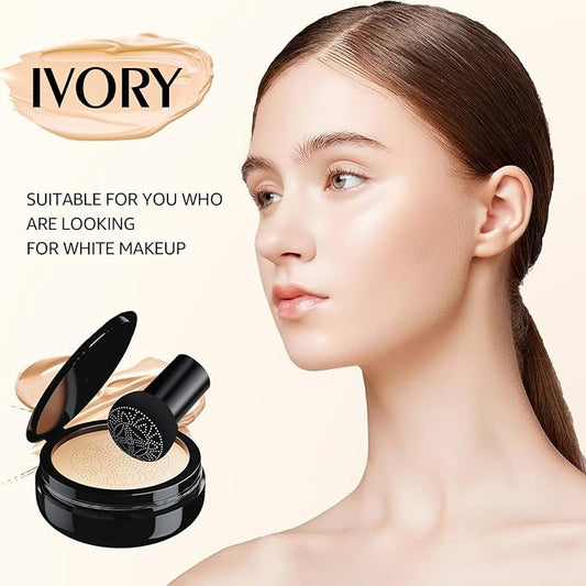 Mushroom Head Air Cushion CC Cream Foundation - Moisturizing & Long-Lasting BB Cream Concealer Makeup Base for All Skin Types, Brighten Long - Lasting Even Color Correcting Concealer (Ivory)