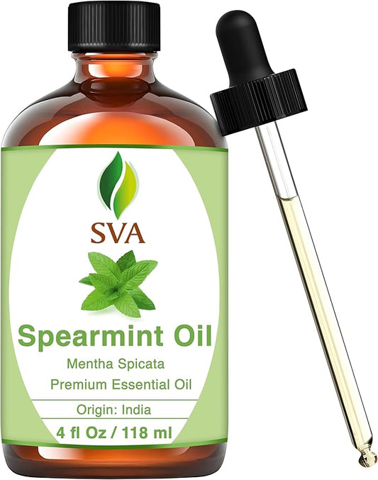 SVA Spearmint Essential Oil – 4 Fl Oz – 100% Natural Spearmint Oil - for Diffuser, Hair Care, Face, Skin Care, Aromatherapy, Scalp and Body Massage, Soap and Candle Making – with Dropper