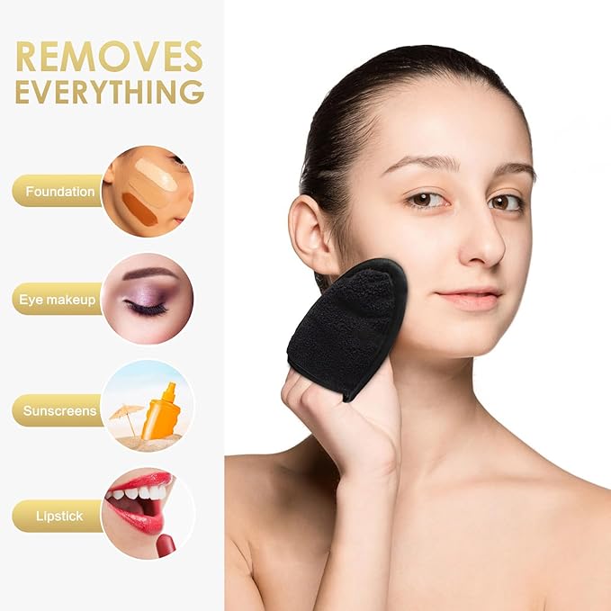 SINLAND Reusable Makeup Remover Pads For Face,Eye,Lips Microfiber Gentle Facial Cleansing Cloths for All Skin Types Friendly for Makeup Remover With Laundry Bag Black Pack of 12
