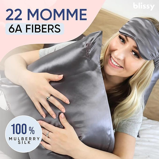 Blissy Silk Pillowcase - 100% Pure Mulberry Silk - 22 Momme 6A High-Grade Fibers - Silk Pillow Cover for Hair & Skin - Regular, Queen & King (Gray, Queen)