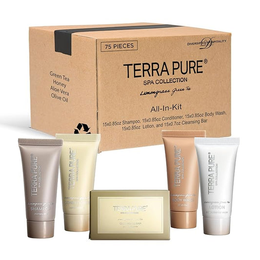 Terra Pure Spa Collection Bulk Set Toiletries | 1-Shoppe All-In-Kit Amenities for Hotels & Airbnb | 0.85 oz Hotel Shampoo & Conditioner, Body Wash, Lotion & Cleansing Bar Travel Size Tubes| 75 Pieces