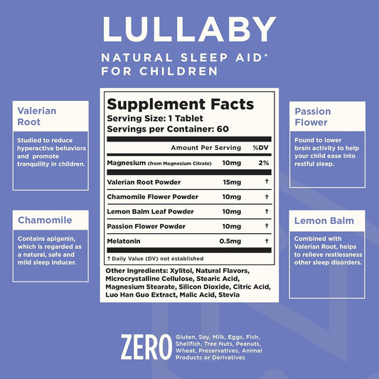Lullaby | Gentle Kids Natural Sleep Aid | Pediatrician Recommended | Delicious Low Dose Melatonin & Non-Habit Forming Mixed Berry Chewable Tablets | with Chamomile, Magnesium for Kids 3+