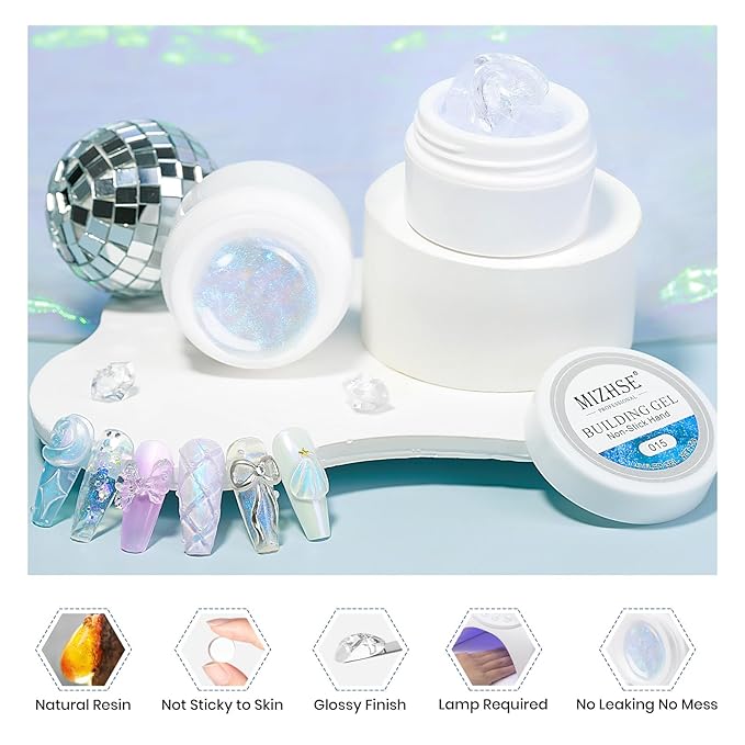 MIZHSE Non-Sticky Solid Builder Gel, Aurora Blue and Clear Sculpting Gel for Nails, Mermaid Pearl Building Carving Modeling Hard Extension 3D Nail Art Salon Home DIY