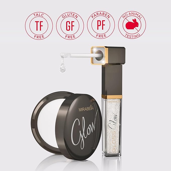 Mirabella Glow Duo, LED Lit Lip Gloss & Hyaluronic Pressed Powder Gift Set - Universal Pressed Powder with LED Light & Mirror - Talc-Free, Paraben & Gluten Free