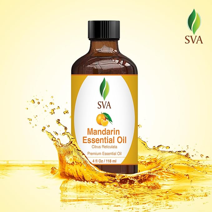 SVA Mandarin Essential Oil – 4 Fl Oz – 100% Natural Mandarin Oil - for Diffuser, Hair Care, Face, Skin Care, Aromatherapy, Scalp and Body Massage, Soap and Candle Making – with Dropper
