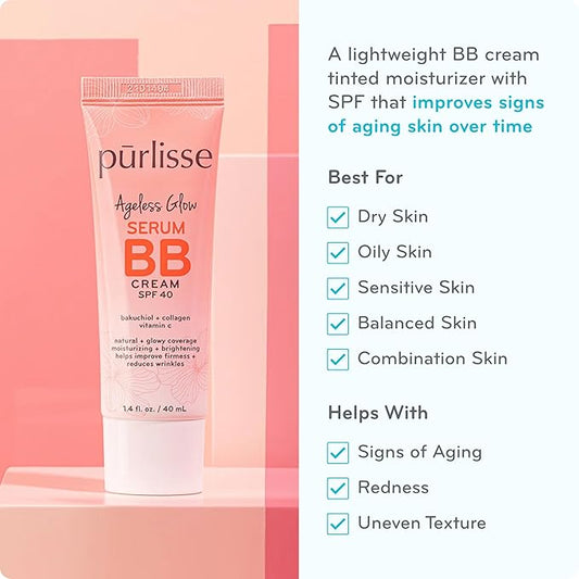 pūrlisse Ageless Glow Serum BB Cream SPF 40 - Glow BB Cream with SPF Enriched with Bakuchiol & Vitamin C to Help Improve Firmness & Reduce Wrinkles for Dewy Skin - Light Warm (1.4 oz)