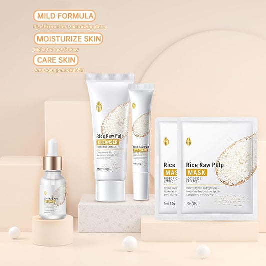 Rice Skin Care Sets For Women, 5/6Pcs Skin Care Kit, Moisturizing Skin Care Gift Set , Face Care Kit Inclusde Rice Mask, Cleanser, Toner, Lotion, Eyecream, Face Serum (5pcs Rice Raw Pulp)