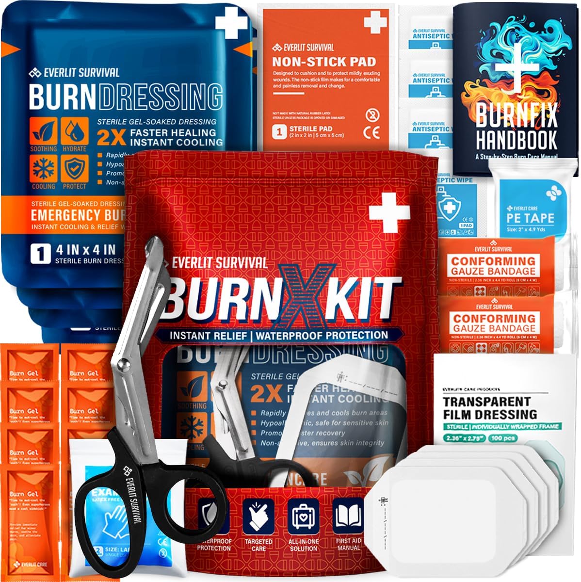 EVERLIT Burn Kit with Sterile Waterproof Wound Dressing | Hydrogel-Foam Burn Dressings, Burn Gel, Non-Stick Pads, Gauze & Shears | 30pcs First Aid Supplies for Instant Cooling, Soothing & Relief