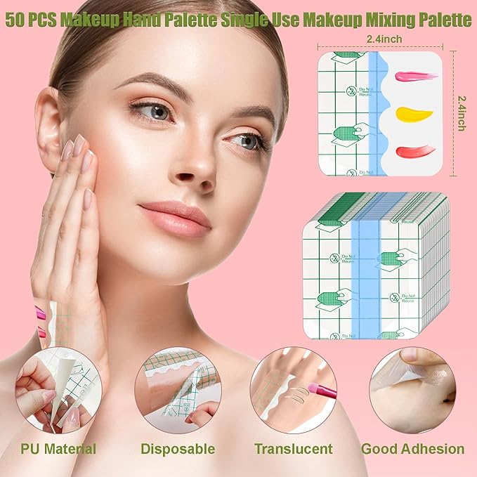Makeup Mixing Palette Set, Makeup Hand Palette Single Use Makeup Mixing Tray Disposable Adhesive Cosmetic Makeup Palette Transparent Makeup Tape, Stainless Steel Foundation Mixing Palette with Spatula
