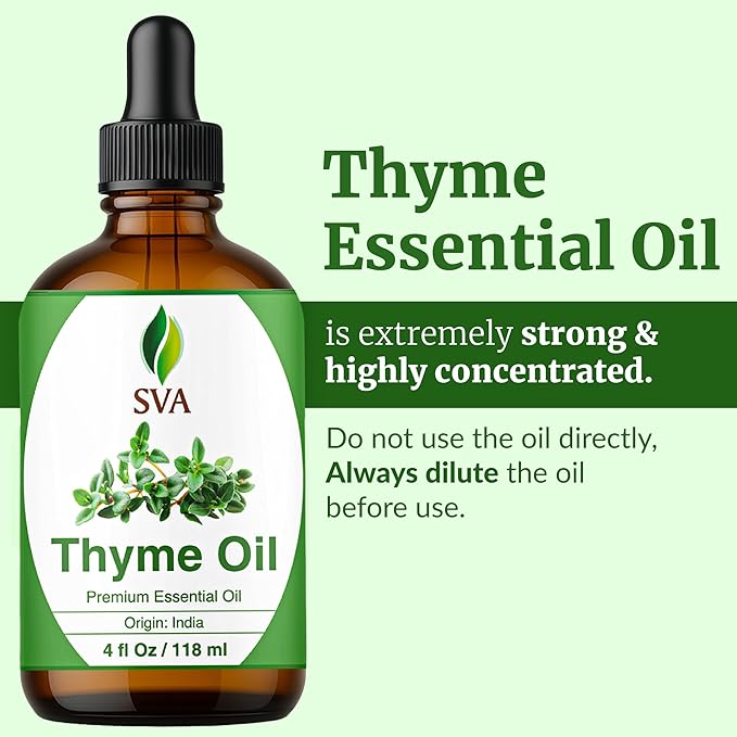 SVA Thyme Essential Oil – 4 Fl Oz – 100% Natural Thyme Oil - for Diffuser, Hair Care, Face, Skin Care, Aromatherapy, Scalp and Body Massage, Soap and Candle Making – with Dropper