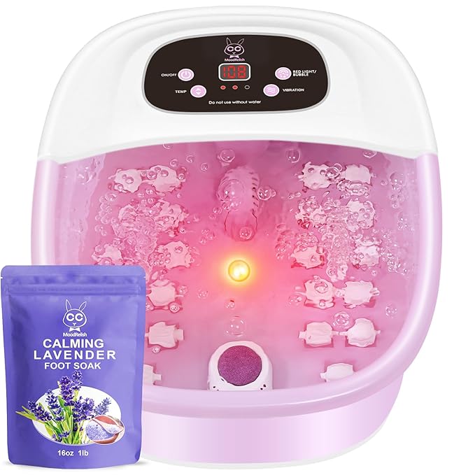 Foot Spa Bath Massager with Heat Bubbles and Vibration Massage and Jets, 16 OZ Calming Lavender Foot Soak Epsom Salt, Foot Soaker with Red Light, 22 Massage Rollers, Adjustable Temp - Pink