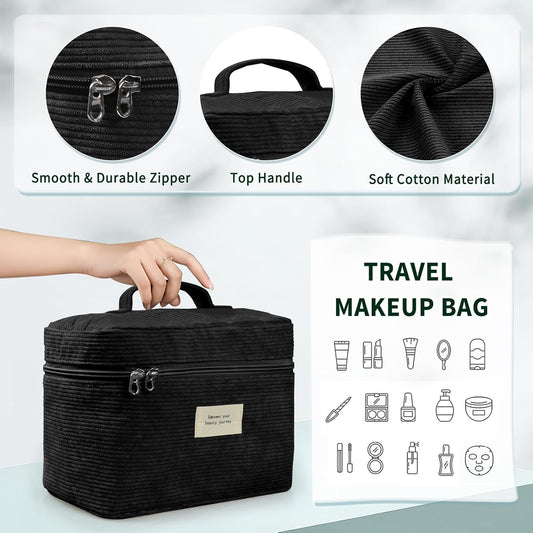 4 Pcs Makeup Bag for Women Corduroy Cosmetic Bag Aesthetic Cute Bags Multi Size Purse Pouch Travel Toiletry Bag Set Makeup Organizer with Zipper(Black)