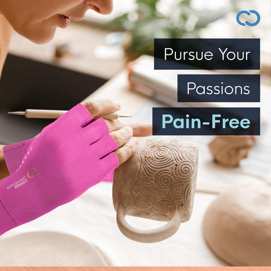 Copper Compression Arthritis Gloves | Fingerless Arthritis Carpal Tunnel Pain Relief for Men & Women | Hand Support Wrist Brace for Neuropathy, Rheumatoid, Tendonitis, Swelling, Crocheting, Typing Pink L