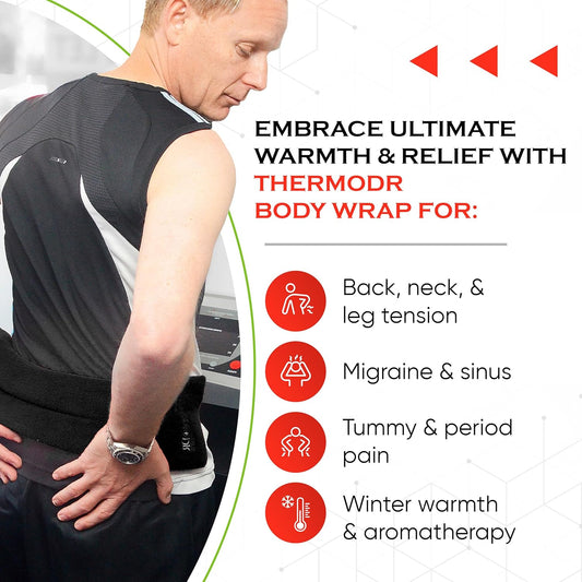 Microwavable Heating Pad for Neck, Back, & Shoulders - Heating Bean Bag Microwavable Pillow w/Elasticated Strap - Wheat & Unscented Heating Pad Wrap - ThermoDR, Black